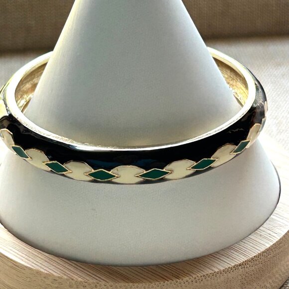 J Crew Enamel Bracelet Set of 2 Black Gold Green Geometric Diamond Design - Picture 7 of 12